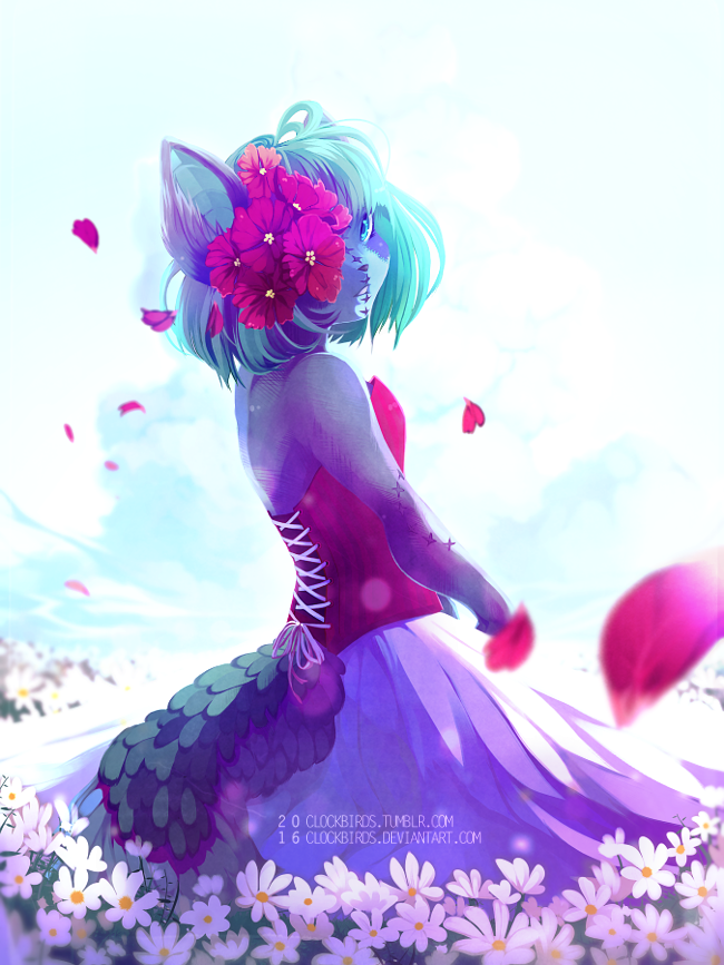 anthro blue_countershading blue_eyes blue_hair breasts canine clockbirds clothed clothing corset countershading detailed_background dress female flower_petals flowers_in_hair fully_clothed fur hair lacing lingerie looking_at_viewer looking_back mammal neopets outside patchwork petals portrait purple_fur simple_background sky solo standing white_background xweetok
