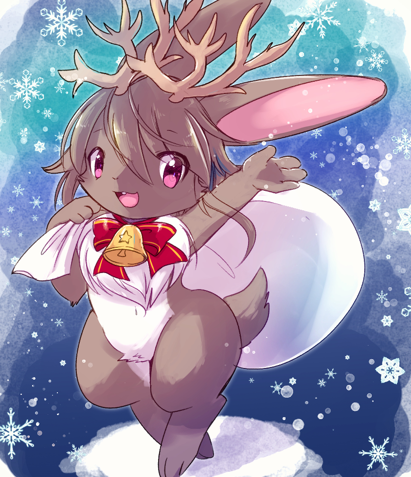 bell cute fur happy horn jackalope kemoribbon lagomorph mammal multicolored_fur open_mouth open_smile outside pose ribbons smile snow snowing solo waving white_fur