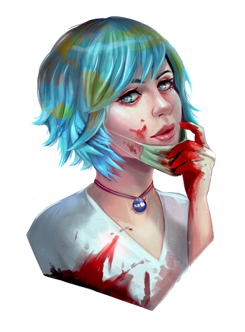 blood blood_on_face bloody_clothes bloody_hands blue_eyes blue_hair choker commentary earth-chan face_mask gery_naidenova green_hair jewelry lips mask multicolored_hair nasa nose original pendant portrait shirt short_hair simple_background solo surgical_mask two-tone_hair white_background white_shirt