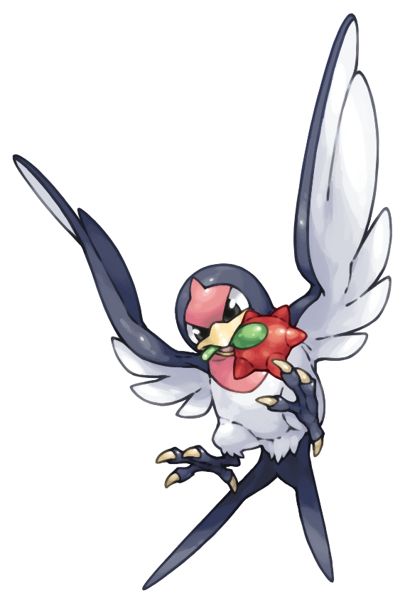 commentary_request flying full_body gen_3_pokemon mouth_hold no_humans pearl7 pokemon pokemon_(creature) simple_background solo spread_wings taillow white_background