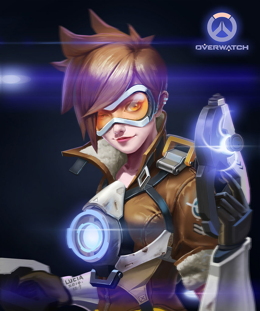 artist_name black_gloves bomber_jacket brown_eyes brown_hair brown_jacket closed_mouth copyright_name dated gloves goggles gun harness holding holding_gun holding_weapon jacket leather leather_gloves lucia_hsiang nose orange_goggles overwatch overwatch_(logo) short_hair smile solo spiked_hair tracer_(overwatch) upper_body weapon