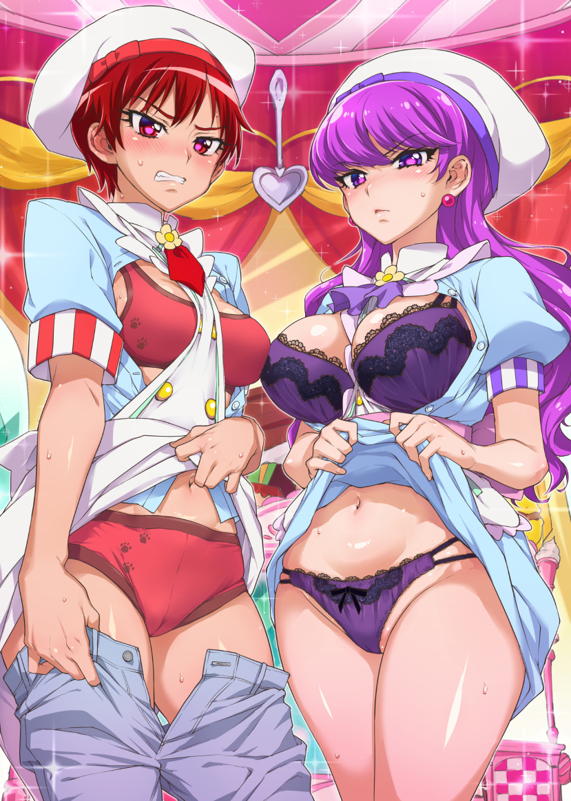 angry blush bra breasts breasts_outside cameltoe chef_hat clenched_teeth commentary_request cowboy_shot earrings eyebrows_visible_through_hair frilled_bra frilled_panties frills glaring hat indoors jewelry kenjou_akira kirakira_patisserie_uniform kirakira_precure_a_la_mode kotozume_yukari lace lace-trimmed_panties large_breasts long_hair looking_at_viewer medium_breasts multi-strapped_panties multiple_girls mutyakai navel panties pants_pull parted_lips partially_visible_vulva paw_panties paw_print precure print_bra print_panties purple_bra purple_eyes purple_hair purple_panties red_bra red_eyes red_hair red_panties scowl shiny shiny_hair shiny_skin short_hair short_sleeves skirt skirt_lift standing sweat teeth training_bra underwear undressing