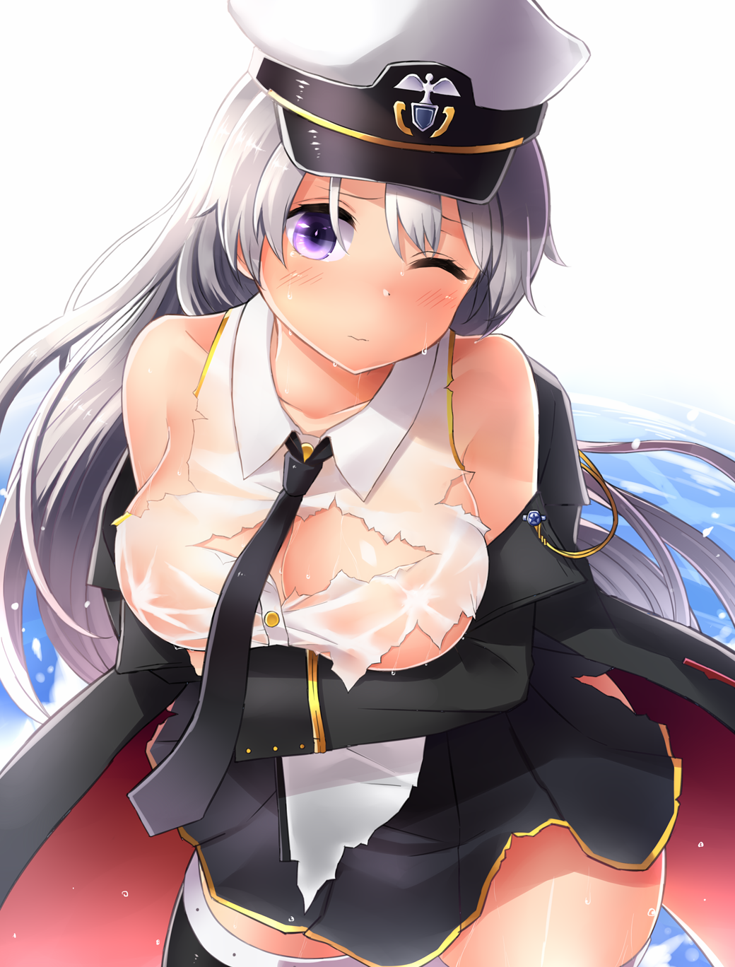 azur_lane breast_hold breasts commentary_request covered_nipples cowboy_shot detached_sleeves enterprise_(azur_lane) hair_between_eyes highres large_breasts long_hair long_sleeves looking_at_viewer necktie neit_ni_sei one_eye_closed purple_eyes shirt silver_hair skirt sleeveless sleeveless_shirt solo thighhighs torn_clothes torn_shirt translucent water_drop wet wet_clothes wet_shirt