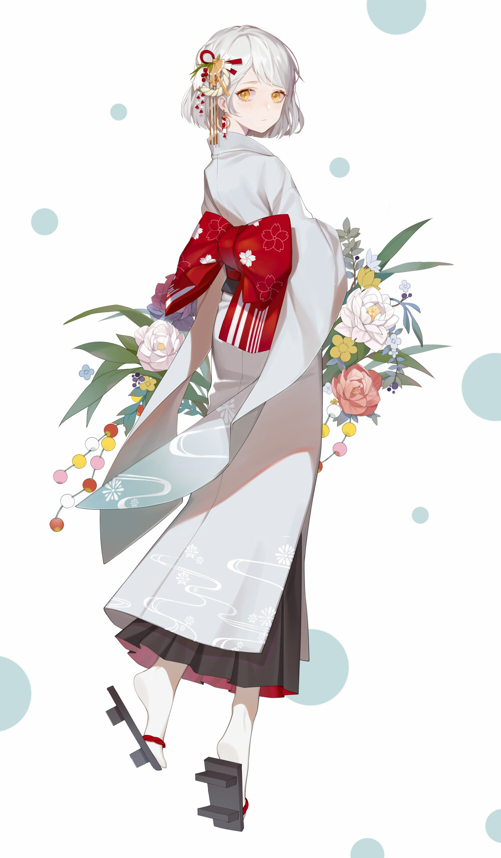 back_bow black_skirt blue_flower blush bow commentary_request floral_print flower flower_request from_side full_body ginxiee highres japanese_clothes kimono large_bow looking_at_viewer original pleated_skirt red_bow red_flower sandals short_hair simple_background skirt skirt_under_kimono socks solo standing white_background white_flower white_hair white_kimono white_legwear yellow_eyes yellow_flower