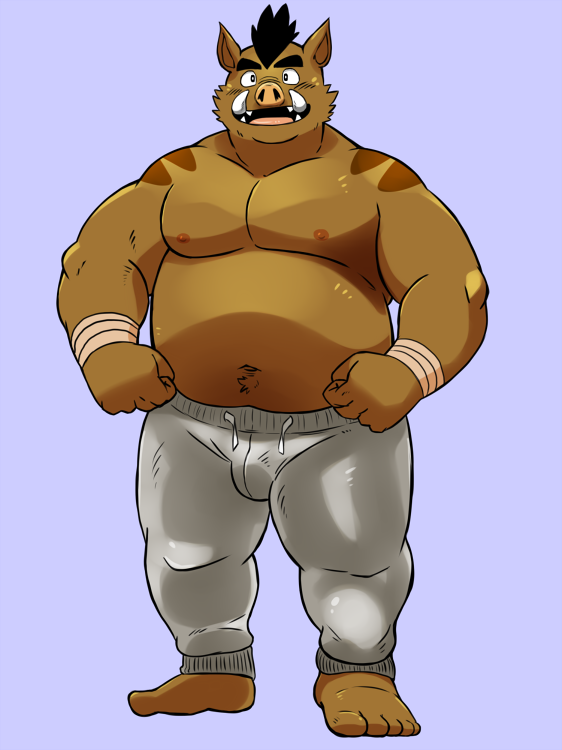 2017 5_fingers 5_toes anthro belly black_hair boar clothed clothing hair kemono male mammal muscular muscular_male nipples open_mouth overweight overweight_male pants pecs porcine shiba-kenta simple_background solo toes topless tusks
