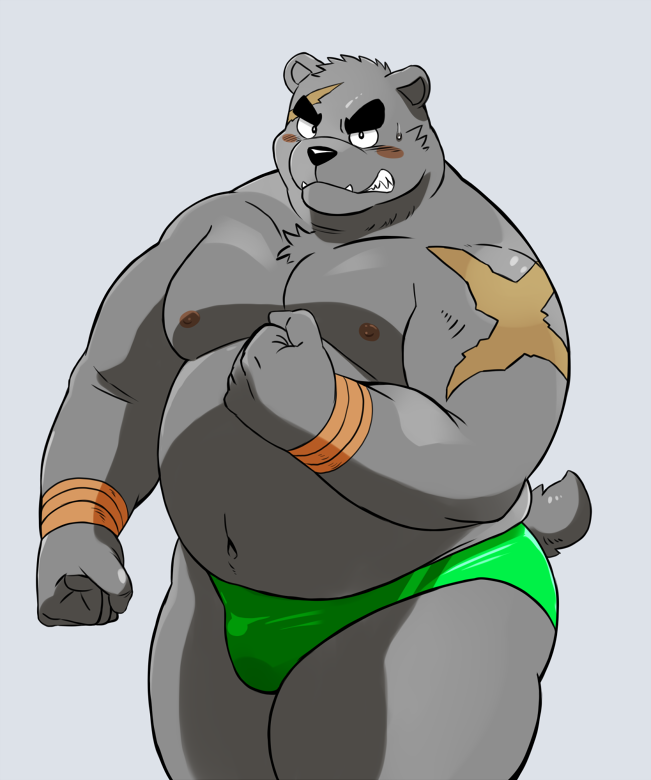 2017 5_fingers anthro bear belly clothed clothing green_underwear kemono male mammal musclegut muscular muscular_male nipples pecs pose scar shiba-kenta simple_background skimpy solo standing sweat underwear