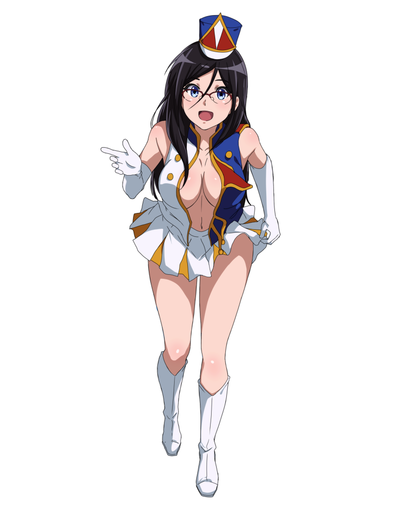 band_uniform black_hair blue_eyes blush body_blush boots breasts cleavage full_body glasses gloves hibike!_euphonium knee_boots large_breasts long_hair navel open_clothes open_shirt sbel02 shirt skirt smile solo tanaka_asuka transparent_background white_footwear