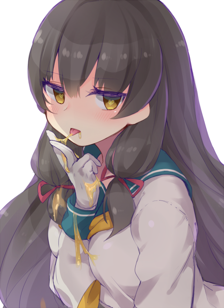 black_hair blue_sailor_collar blush commentary_request eyebrows_visible_through_hair finger_licking gloves hair_between_eyes hand_up heart heart-shaped_pupils isokaze_(kantai_collection) kantai_collection licking long_hair long_sleeves looking_at_viewer neckerchief sailor_collar sexually_suggestive shirt sidelocks simple_background solo symbol-shaped_pupils tongue tongue_out white_background white_gloves white_shirt yamaarashi yellow_eyes yellow_neckwear