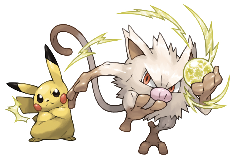 closed_mouth commentary_request crossed_arms electricity frown gen_1_pokemon half-closed_eye holding mankey no_humans pearl7 pikachu pokemon pokemon_(creature) simple_background sparks white_background