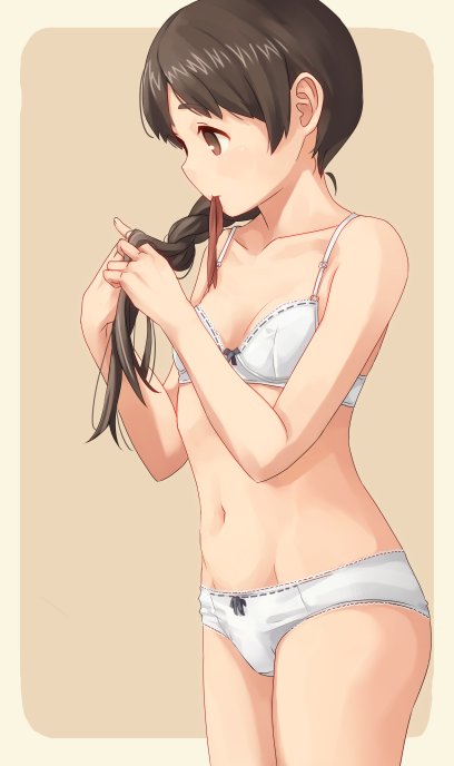 bangs bare_arms bare_shoulders black_bow blush bow bow_bra bow_panties bra braid braiding_hair breasts brown_background brown_eyes brown_hair cleavage collarbone cowboy_shot hair_over_shoulder hairdressing kantai_collection long_hair makio_(makiomeigenbot) mouth_hold navel panties parted_bangs ribbon-trimmed_bra ribbon-trimmed_panties single_braid small_breasts solo standing stomach tareme underwear underwear_only uranami_(kantai_collection) white_bra white_panties