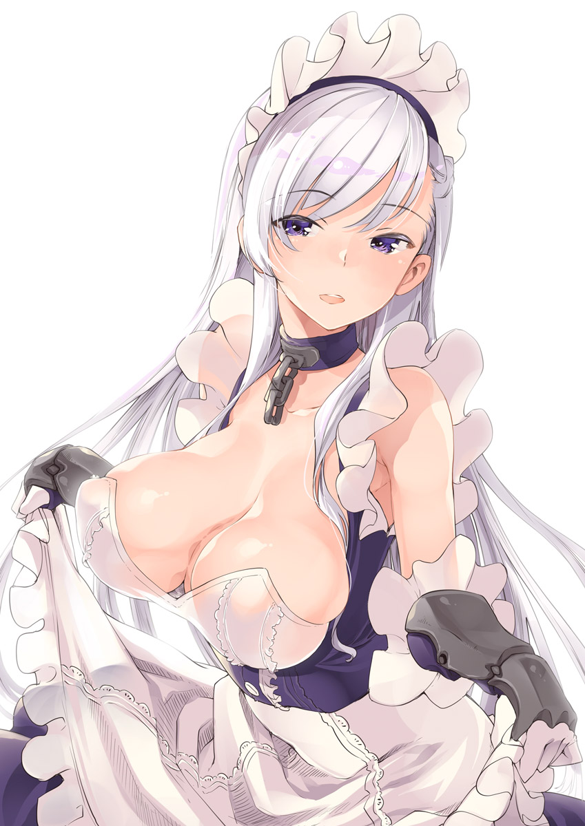 apron apron_lift azur_lane bangs bare_shoulders belfast_(azur_lane) blue_dress blue_eyes braid breasts chain cleavage collar collarbone commentary_request corset dress eyebrows_visible_through_hair french_braid frilled_apron frills gauntlets gloves highres large_breasts long_hair looking_at_viewer looking_to_the_side maid maid_apron maid_headdress open_mouth shiny shiny_hair shiny_skin silver_hair simple_background smile solo thomasz white_apron white_background white_gloves