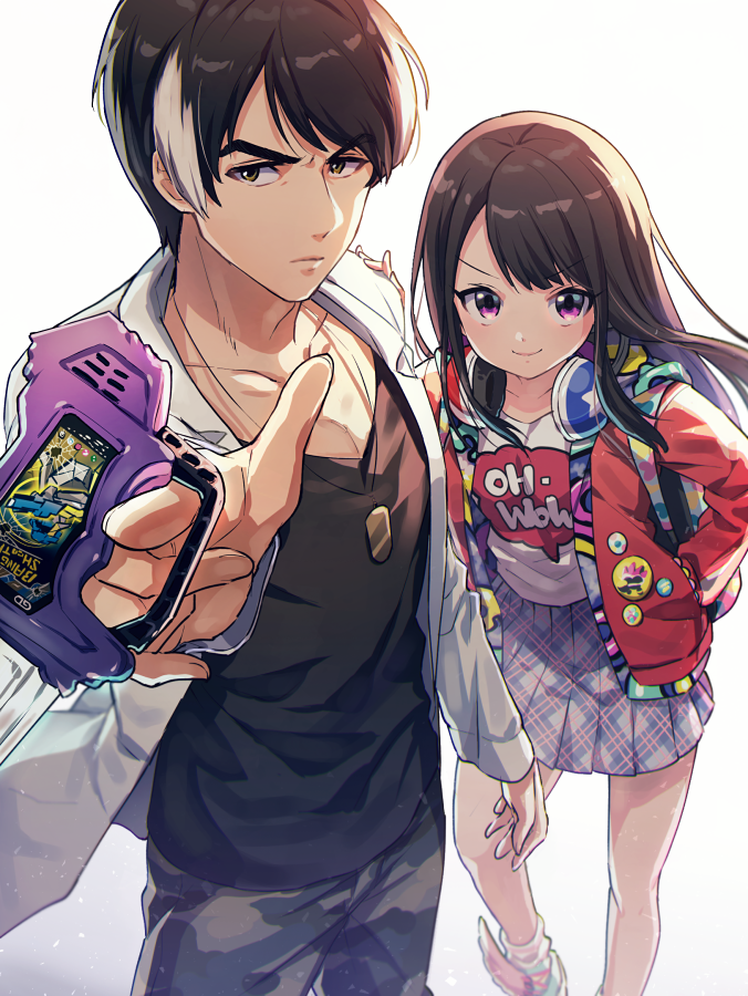 1girl black_hair brown_eyes camouflage camouflage_pants closed_mouth commentary_request dog_tags eyebrows_visible_through_hair hanaya_taiga hand_on_another's_shoulder headphones headphones_around_neck jacket jewelry kamen_rider kamen_rider_ex-aid_(series) labcoat long_hair looking_at_viewer multicolored_hair necklace pants pleated_skirt pointing pointing_at_viewer purple_eyes red_jacket rider_gashat saiba_niko shinonoko_(tubamecider) shiny shiny_hair simple_background skirt smile standing streaked_hair two-tone_hair white_background white_hair