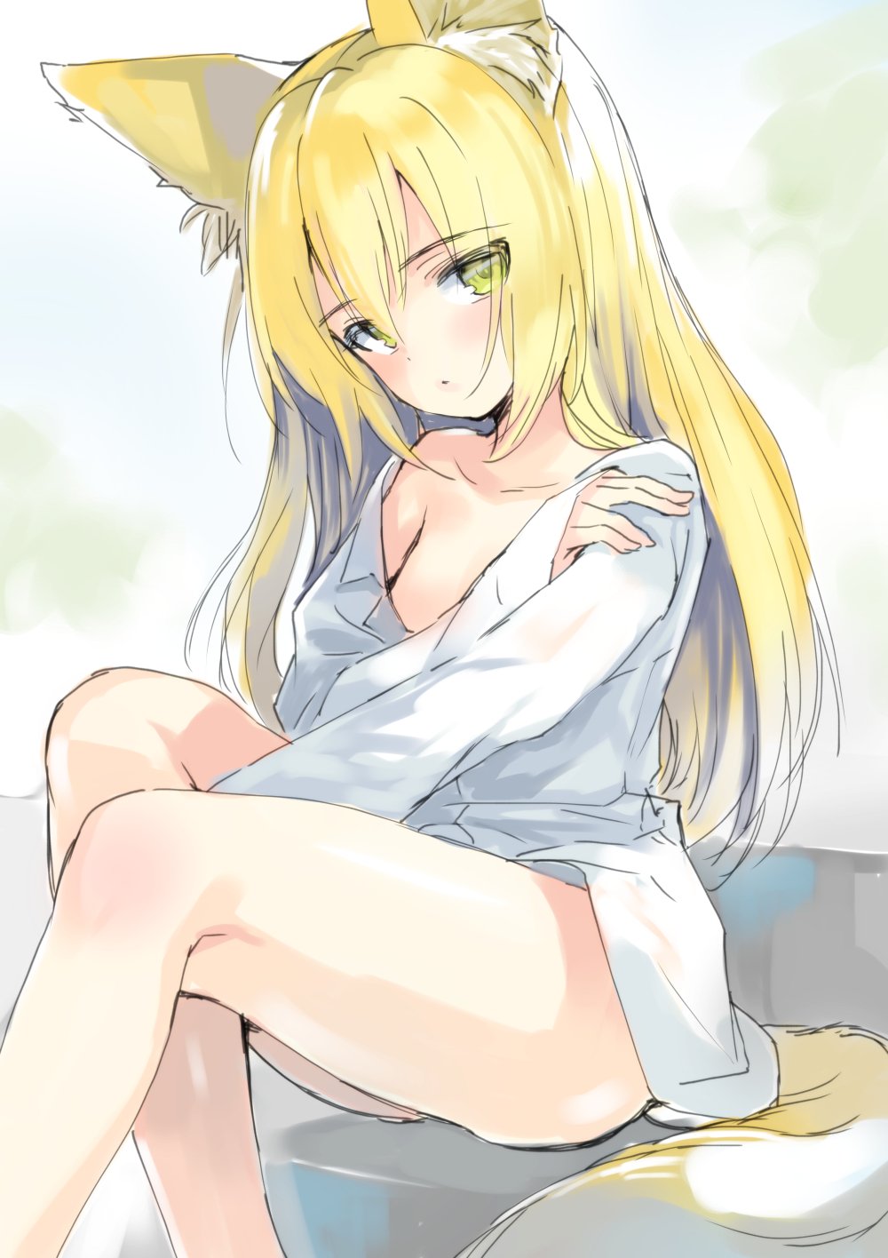 animal_ears bare_shoulders blonde_hair bottomless dog_ears dog_tail dress_shirt elin_(tera) emily_(pure_dream) flat_chest highres legs long_hair naked_shirt off_shoulder open_clothes open_shirt shirt sitting solo tail tera_online white_shirt yellow_eyes