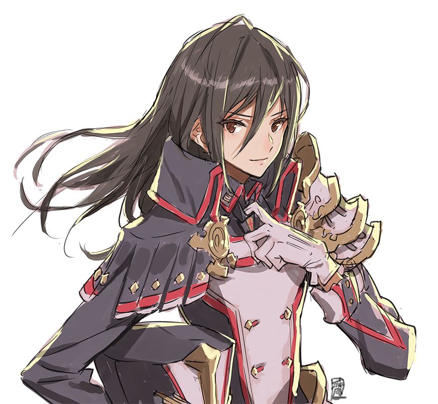 adjusting_collar black_hair brown_eyes commentary_request gloves hair_down looking_at_viewer meleph_(xenoblade) military military_uniform no_hat no_headwear saitou_masatsugu uniform white_gloves xenoblade_(series) xenoblade_2