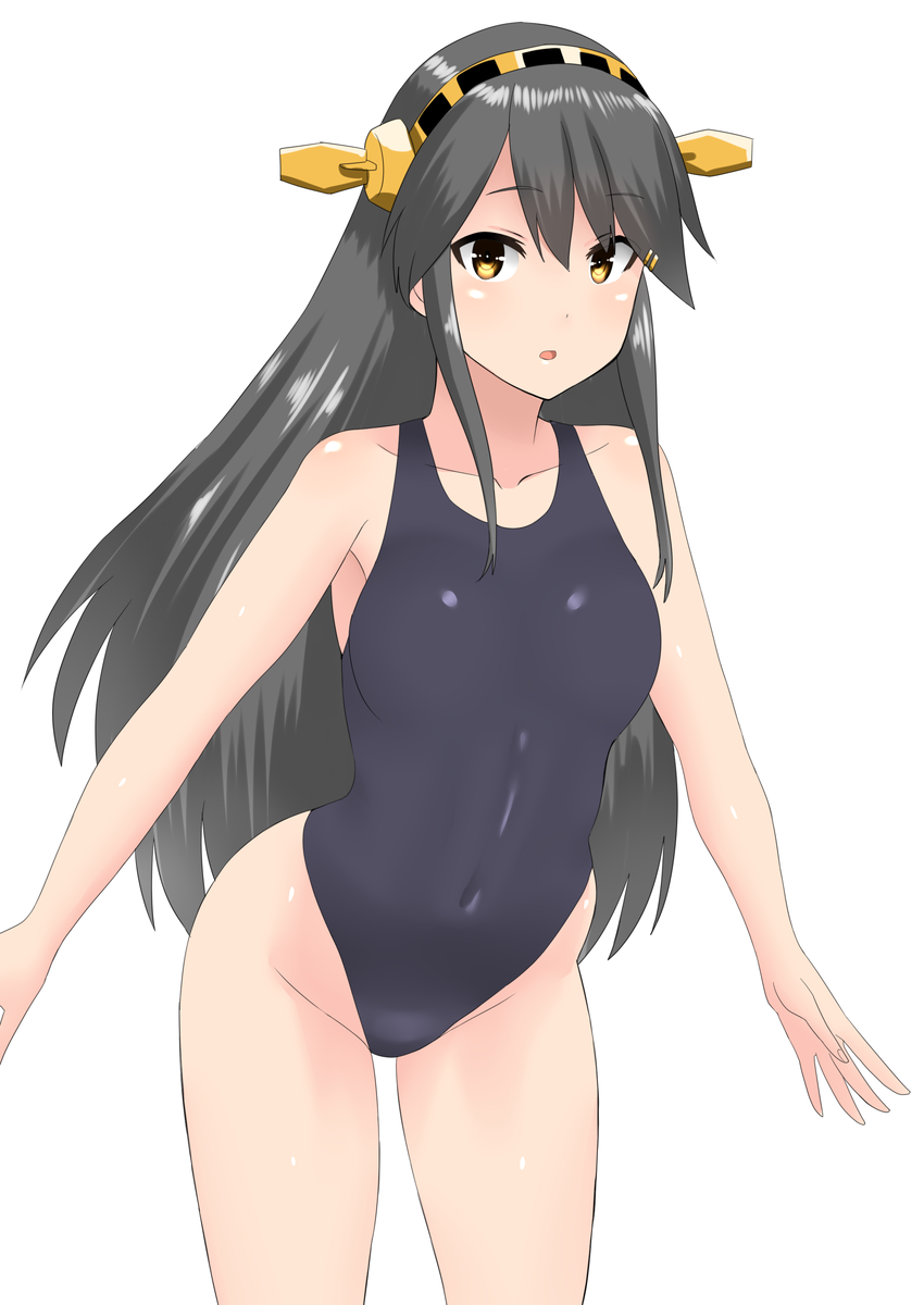 30-06 black_hair breasts competition_swimsuit hair_ornament hairband haruna_(kantai_collection) headgear highres kantai_collection long_hair medium_breasts one-piece_swimsuit open_mouth smile solo swimsuit white_background