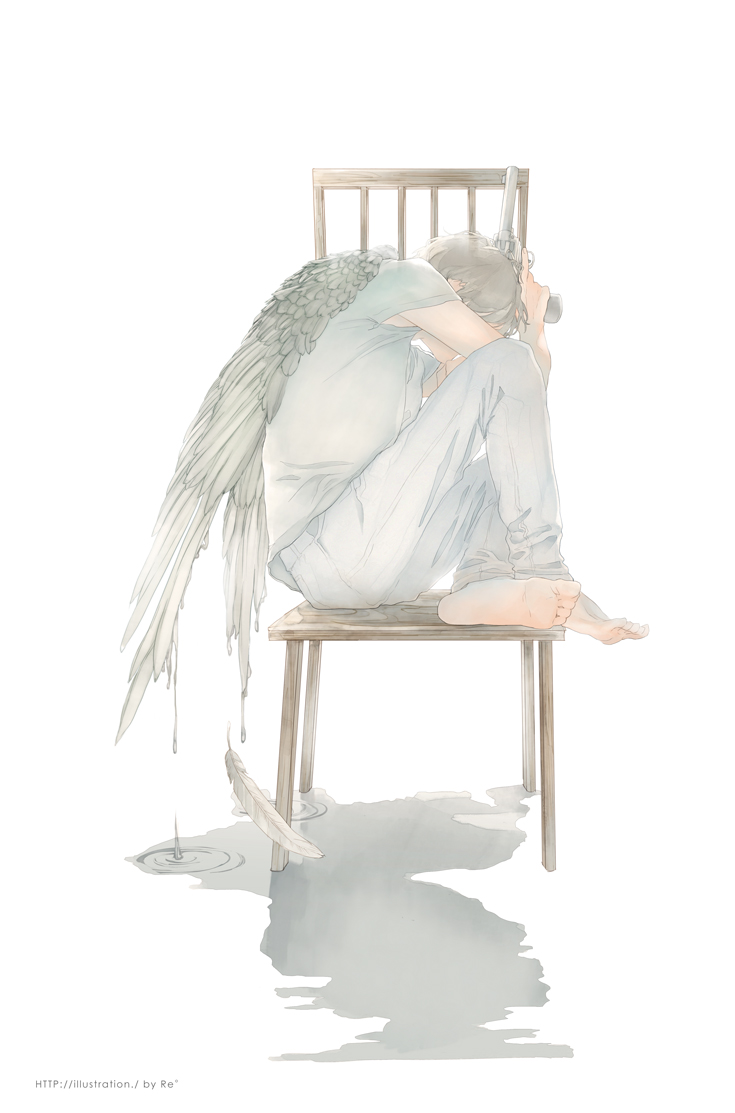 angel angel_wings artist_name barefoot chair crossed_legs depressed dripping feathered_wings feathers from_side gun knees_up male_focus original pants rido_(ridograph) ripples shirt short_sleeves simple_background sitting sitting_sideways soles t-shirt trigger_discipline water watermark weapon web_address white_background white_hair white_pants white_shirt wings