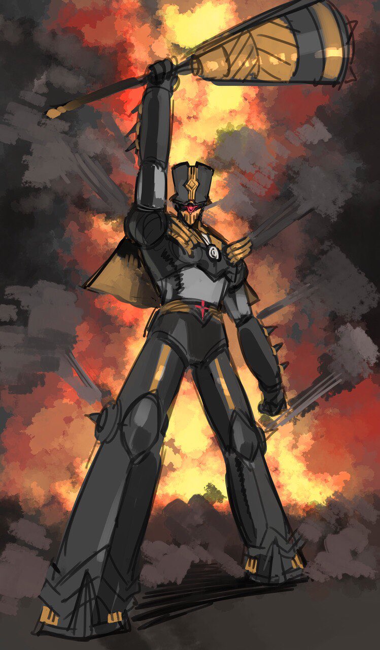 charles_babbage_(fate/grand_order) commentary_request explosion fate/grand_order fate_(series) full_body highres mecha no_humans shimoguchi_tomohiro sketch steam weapon