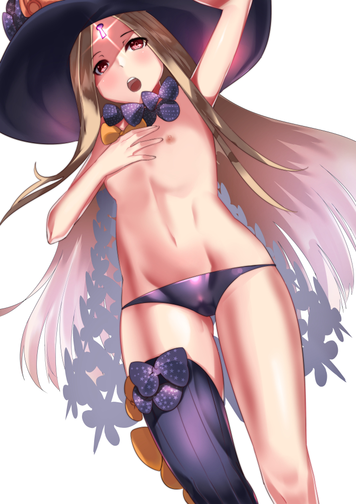 abigail_williams_(fate/grand_order) arm_up bangs black_bow black_hat black_legwear black_panties blonde_hair blush bow breasts brown_eyes dutch_angle eyebrows_visible_through_hair fate/grand_order fate_(series) glowing hat keyhole kurosawa_(hjkl42332) long_hair nipples open_mouth orange_bow panties parted_bangs polka_dot polka_dot_bow revealing_clothes simple_background single_thighhigh skull_print small_breasts solo thighhighs topless underwear upper_teeth very_long_hair white_background witch_hat