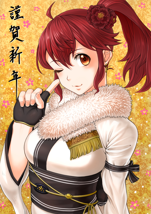 ;3 anna_(fire_emblem) breasts earrings finger_to_face fingerless_gloves fire_emblem floral_background flower fur_collar furisode gloves hair_flower hair_ornament japanese_clothes jewelry kimono medium_breasts obi one_eye_closed ponytail red_eyes red_hair sash smile solo soyo2106 translation_request wide_sleeves