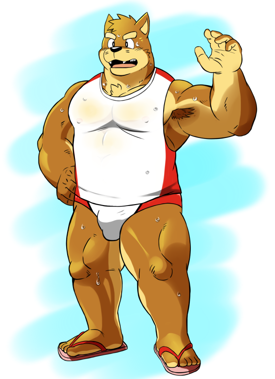 2017 5_fingers 5_toes anthro armpit_hair biceps bulge canine chest_tuft clothing dog footwear hand_on_hip kenta kenta_shiba_(character) male mammal muscular muscular_male open_mouth sandals shiba-kenta shiba_inu shirt simple_background solo sweat toes tuft underwear