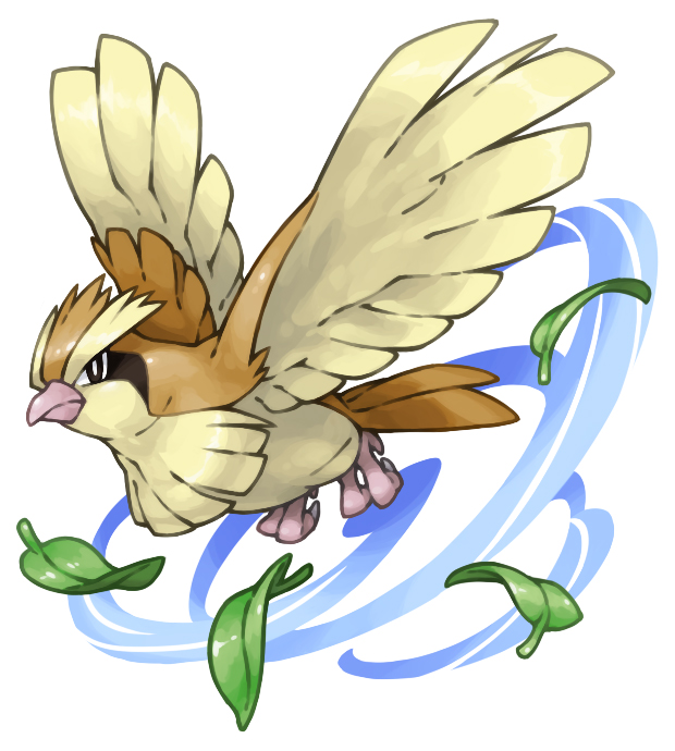 flying full_body gen_1_pokemon leaf looking_at_viewer no_humans pearl7 pidgey pokemon pokemon_(creature) simple_background solo spread_wings white_background