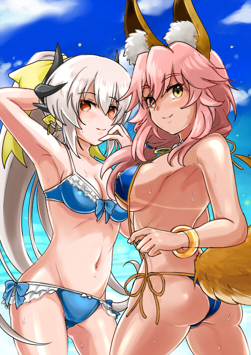 animal_ears arm_behind_head arm_up armpits ass ass_visible_through_thighs bangs bare_shoulders bikini bikini_tan blue_bikini blurry blush bokeh bow bow_bikini bracelet breasts cleavage commentary_request covered_nipples day depth_of_field eyebrows_visible_through_hair fate/grand_order fate_(series) flipped_hair fox_ears fox_tail frilled_bikini frills from_side groin groin_tendon hair_between_eyes hair_bow hair_ornament hand_to_own_mouth hand_up high_ponytail hips horns jewelry kiyohime_(fate/grand_order) kiyohime_(swimsuit_lancer)_(fate) large_breasts legs_apart light_smile long_hair long_ponytail looking_at_viewer looking_back looking_to_the_side medium_breasts multiple_girls navel necklace ocean orange_eyes outdoors parted_bangs pendant pink_hair ponytail pulled_by_self side-tie_bikini sideboob sidelocks silver_hair sky smile standing strap_gap string_bikini sweat swimsuit tail tamamo_(fate)_(all) tamamo_no_mae_(fate) tamamo_no_mae_(swimsuit_lancer)_(fate) tan tanline transparent underboob undressing untied untied_bikini untying very_long_hair wardrobe_malfunction wavy_hair white_bow yellow_bow yellow_eyes yumedama