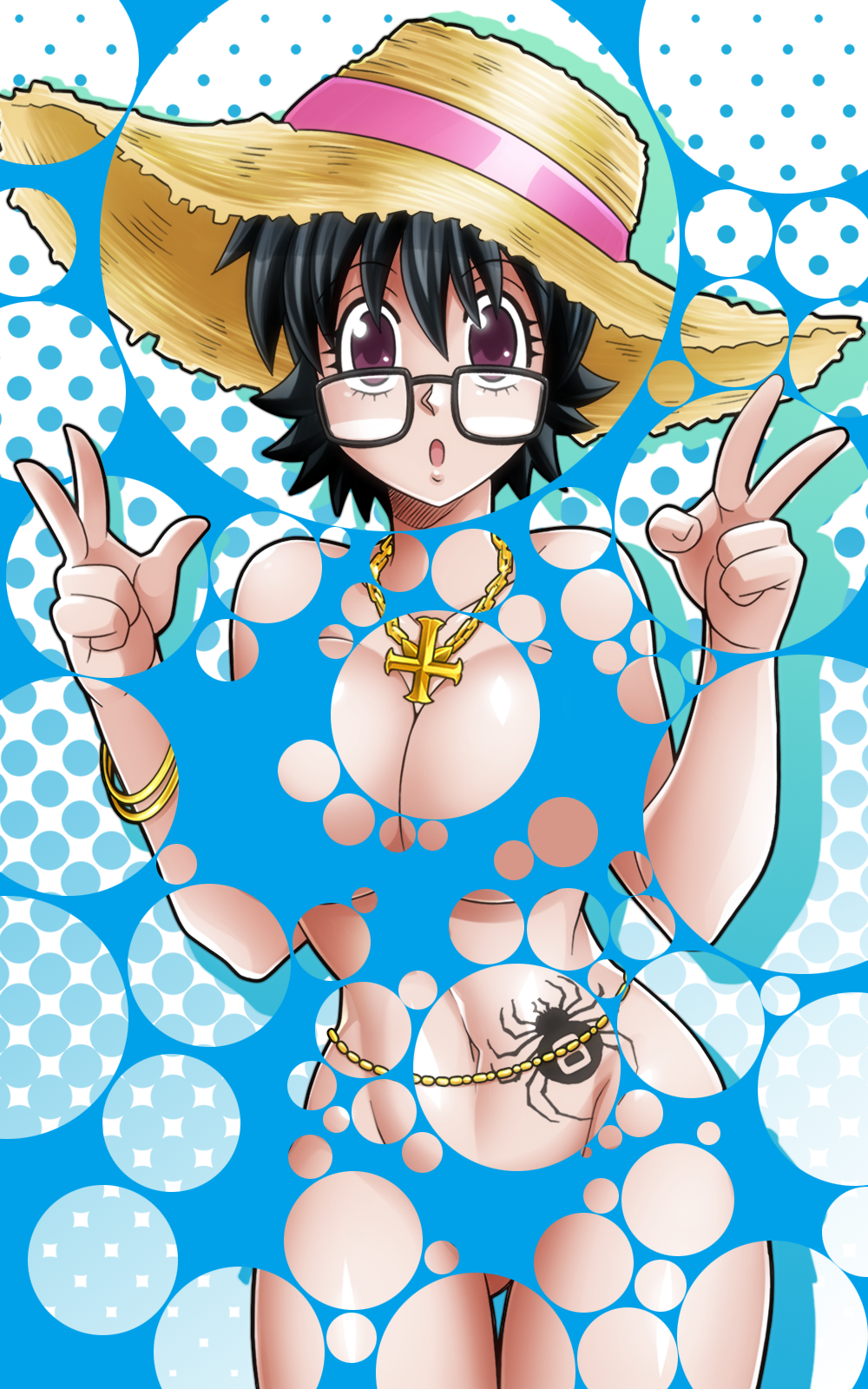 1girl :o black-framed_eyewear black_hair breasts bubble_filter cleavage collarbone female glasses highres hoimin_(anchangdeath) hunter_x_hunter large_breasts looking_at_viewer midriff nude purple_eyes shizuku_(hunter_x_hunter) short_hair solo spider tattoo v