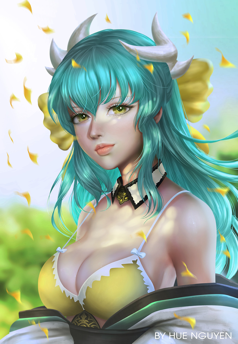 aqua_hair artist_name breasts cleavage commentary day detached_collar fate/grand_order fate_(series) green_eyes highres horns hue_nguyen kiyohime_(fate/grand_order) kiyohime_(swimsuit_lancer)_(fate) large_breasts lips long_hair looking_at_viewer nose outdoors petals sideboob solo sunlight upper_body yellow_bikini_top yellow_petals
