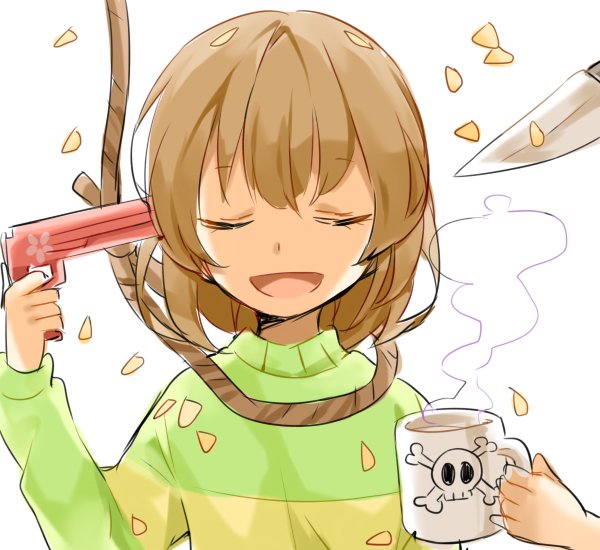 brown_hair chara_(undertale) closed_eyes commentary_request cup gun gun_to_head knife misha_(hoongju) mug noose open_mouth petals poison smile striped suicide undertale weapon