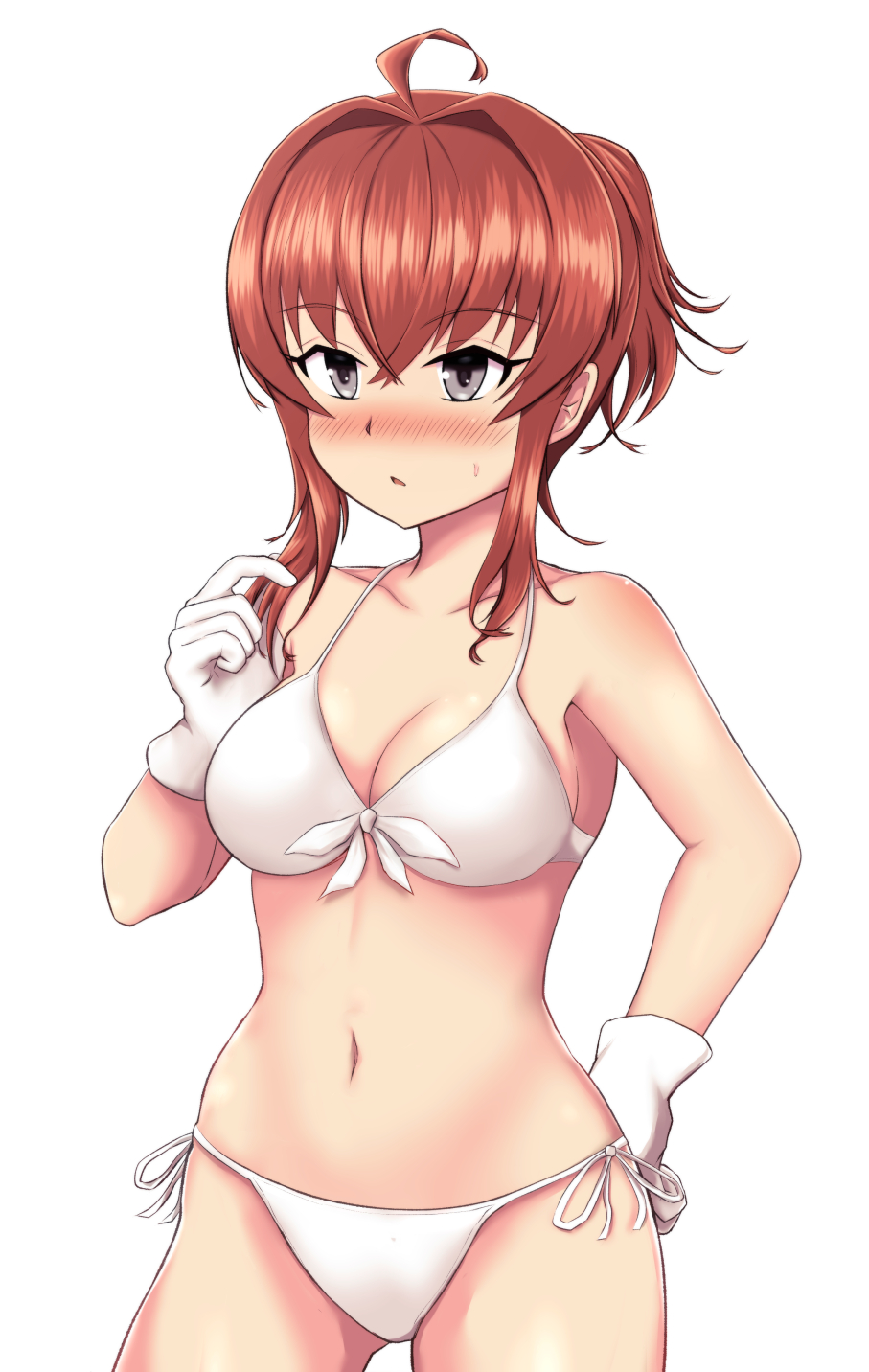 :o ahoge arashi_(kantai_collection) armpits bangs bikini black_eyes blush breasts cleavage collarbone cowboy_shot eyebrows_visible_through_hair front-tie_bikini front-tie_top hair_between_eyes hair_intakes hand_on_hip haoto_(arnica_leaf) highres kantai_collection medium_breasts navel nose_blush parted_lips playing_with_own_hair red_hair ribbon side-tie_bikini sidelocks simple_background solo standing stomach sweat swimsuit tied_hair white_background white_bikini white_ribbon