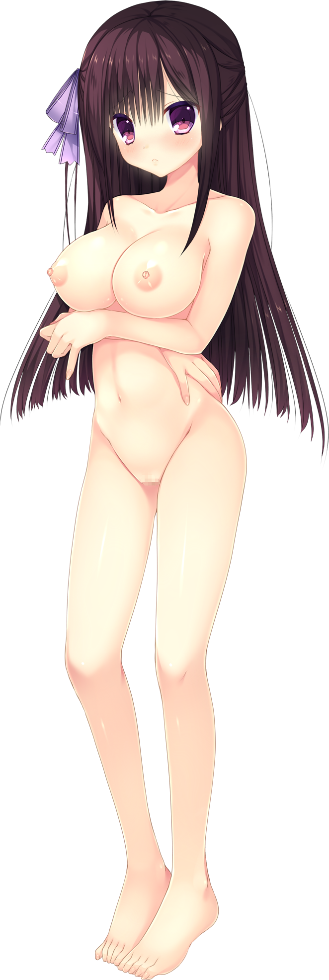 black_hair breasts censored collarbone crossed_arms full_body hair_ribbon half_updo hand_on_hip haruoto_alice_gram highres large_breasts long_hair looking_at_viewer mitha mosaic_censoring navel nipples non-web_source nude official_art pink_eyes pussy ribbon rindou_yaya solo transparent_background