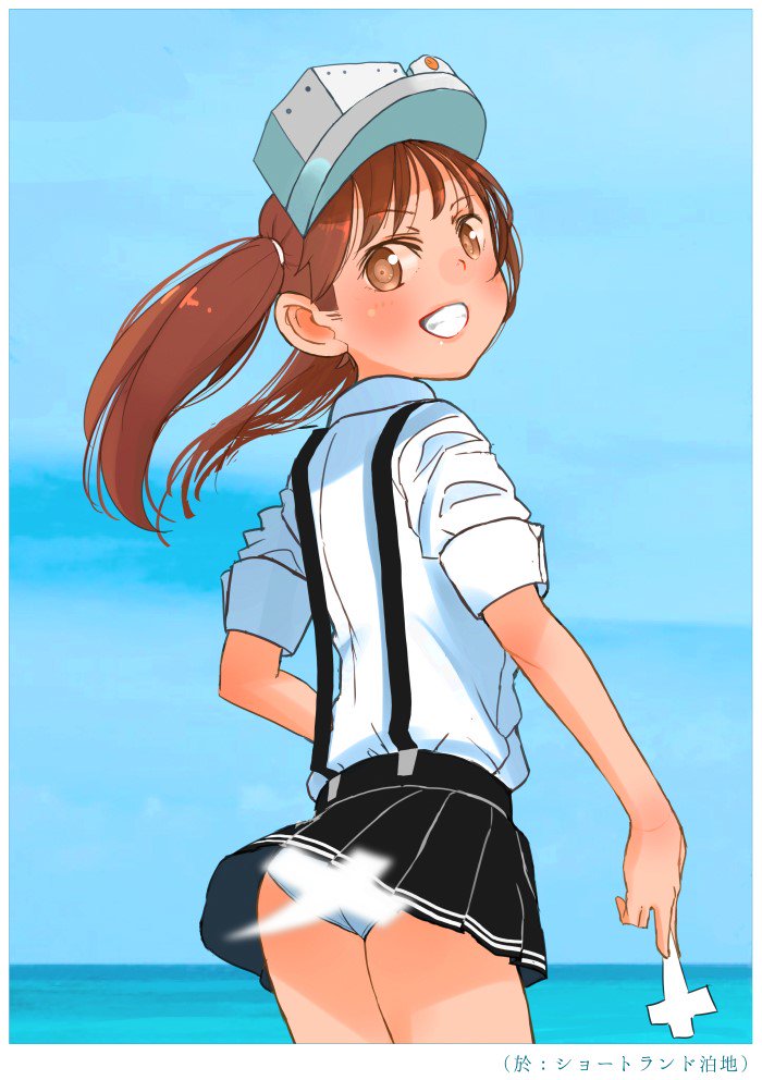 ass blue_sky brown_eyes brown_hair commentary_request convenient_censoring day flat_ass from_behind grin kantai_collection kitsuneno_denpachi looking_at_viewer looking_back ocean panties pantyshot pleated_skirt ryuujou_(kantai_collection) shikigami shirt skirt sky sleeves_rolled_up smile solo suspenders translated twintails underwear visor_cap white_shirt