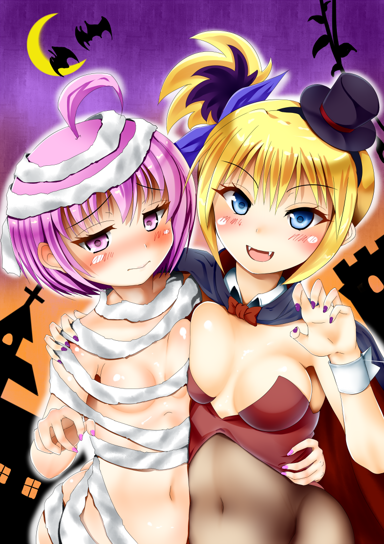 :d ahoge bangs bare_arms bat blonde_hair blue_eyes blush bob_cut bow bowtie breasts breasts_apart claw_pose closed_mouth crescent_moon fangs halloween halloween_costume hand_on_another's_shoulder hand_on_another's_waist looking_at_viewer medium_breasts moon multiple_girls mummy_costume navel night night_sky nose_blush open_mouth original purple_eyes purple_hair red_neckwear short_hair short_ponytail side_ponytail sky small_breasts smile vampire_costume wavy_mouth wing_collar wrist_cuffs yottan