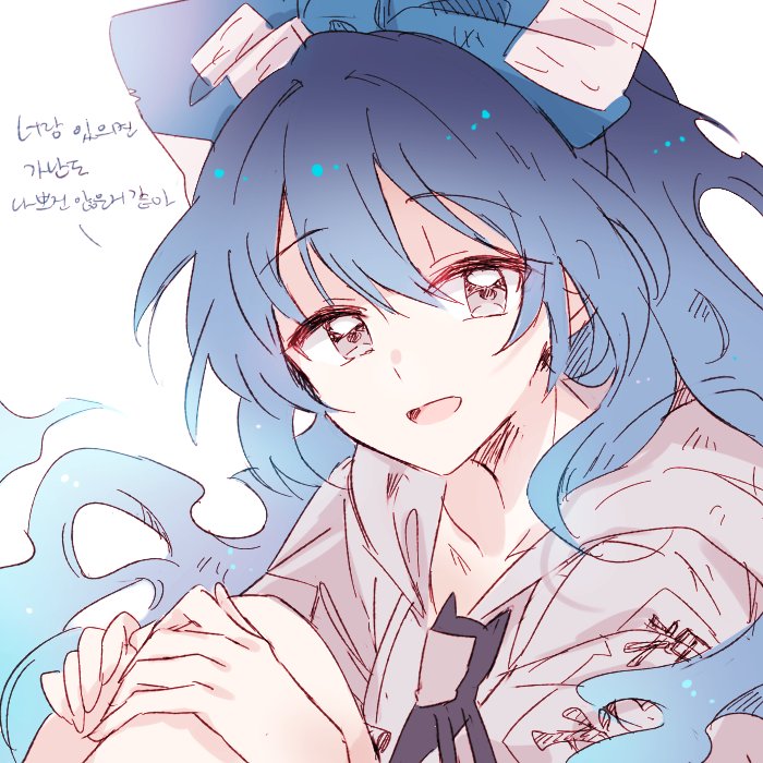 blue_hair bow commentary_request debt hair_bow hood hoodie korean long_hair open_mouth six_(fnrptal1010) smile solo stuffed_animal stuffed_cat stuffed_toy touhou translated very_long_hair yorigami_shion