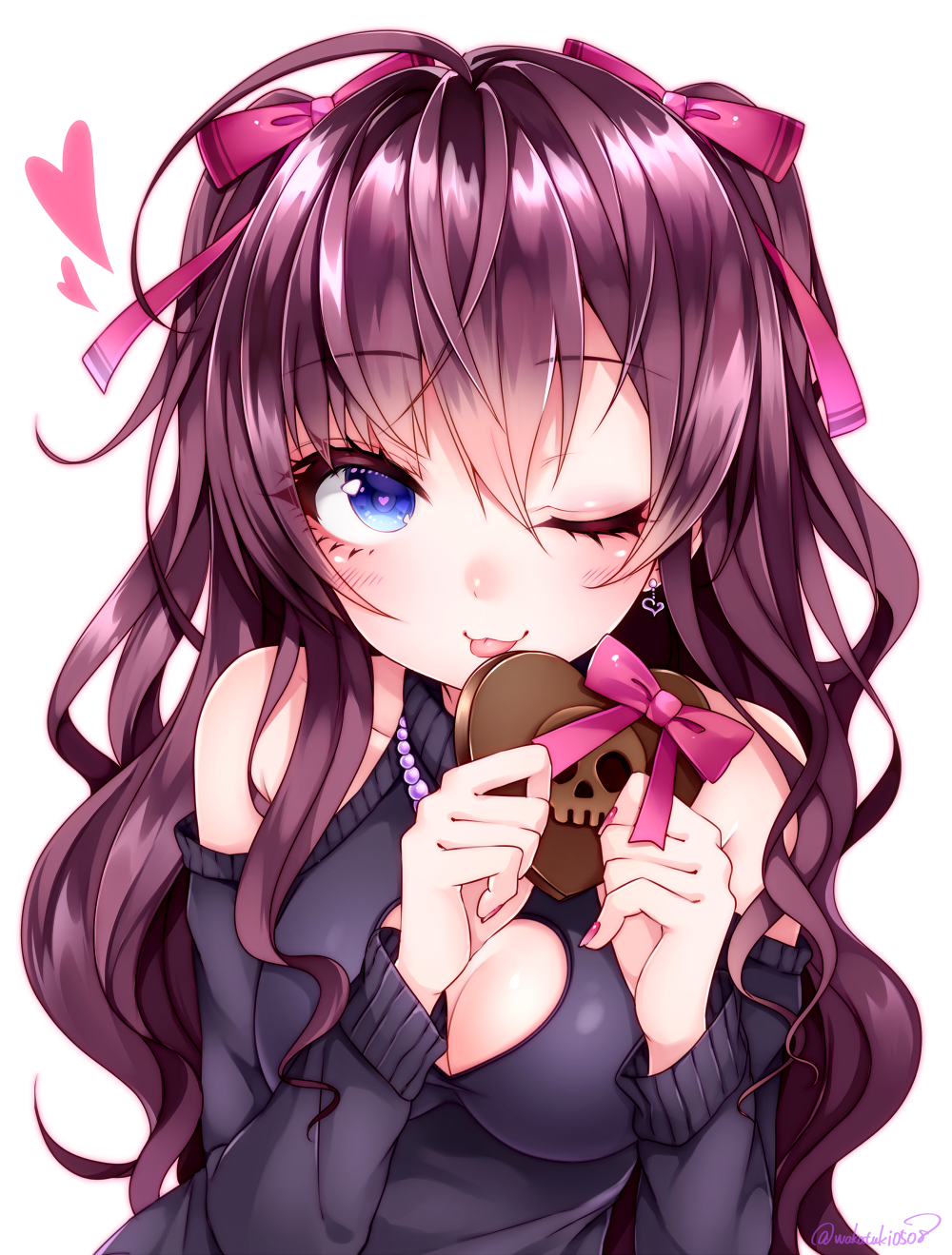 ;3 ;p ahoge bangs bare_shoulders blue_eyes blush breasts chocolate chocolate_heart cleavage cleavage_cutout detached_sleeves earrings eyebrows_visible_through_hair eyelashes food hair_between_eyes hair_ribbon heart heart-shaped_pupils highres holding holding_food ichinose_shiki idolmaster idolmaster_cinderella_girls jewelry long_hair long_sleeves looking_at_viewer medium_breasts nail_polish necklace one_eye_closed pearl_necklace pink_nails pink_ribbon purple_hair ribbon simple_background skull solo symbol-shaped_pupils tongue tongue_out twitter_username two_side_up upper_body wakatsuki_you wavy_hair white_background