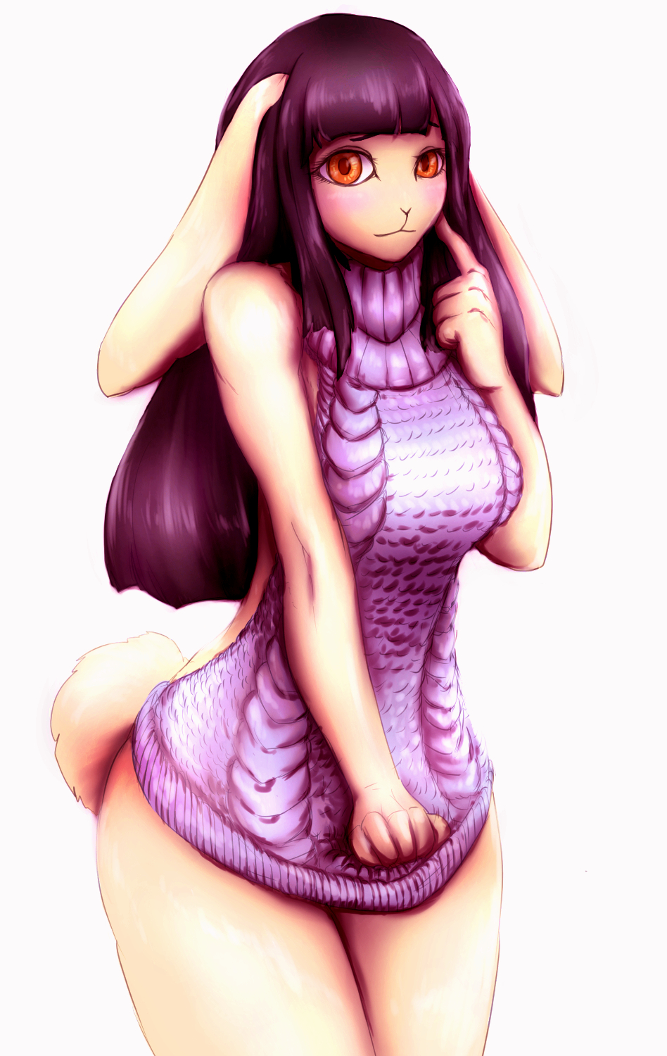 anthro big_breasts black_hair breasts cat771115 clothed clothing female fur hair hi_res lagomorph looking_at_viewer mammal orange_eyes rabbit simple_background solo sweater virgin_killer_sweater white_background white_fur