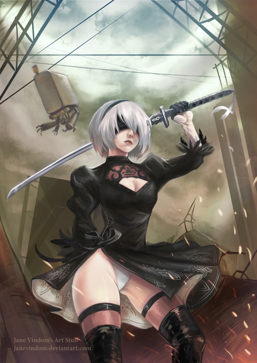 artist_name bangs black_blindfold black_dress black_hairband blindfold breast_cutout breasts cleavage cloud cloudy_sky commentary contrapposto covered_eyes deviantart_username dress facing_viewer feather-trimmed_sleeves gery_naidenova grey_hair grey_sky hairband highleg highleg_leotard highres holding holding_sword holding_weapon juliet_sleeves katana leotard long_sleeves medium_breasts nier_(series) nier_automata no_mole puffy_sleeves short_hair sky solo standing sword thighhighs_under_boots watermark weapon web_address white_leotard yorha_no._2_type_b