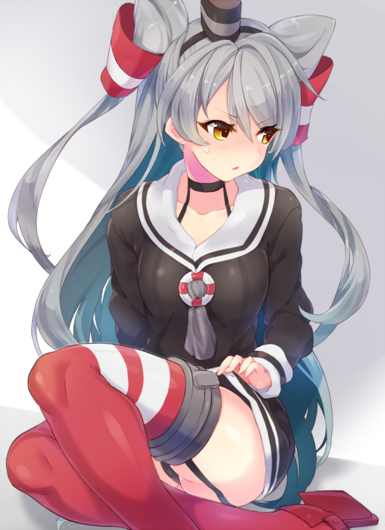 amatsukaze_(kantai_collection) black_choker blush choker commentary_request dress embarrassed grey_neckwear hair_between_eyes hairband hat kantai_collection lifted_by_self long_hair looking_away mini_hat neckerchief parted_lips red_legwear sailor_collar sailor_dress silver_hair sitting skirt skirt_lift solo sweatdrop thighhighs two_side_up white_sailor_collar yamaarashi yellow_eyes