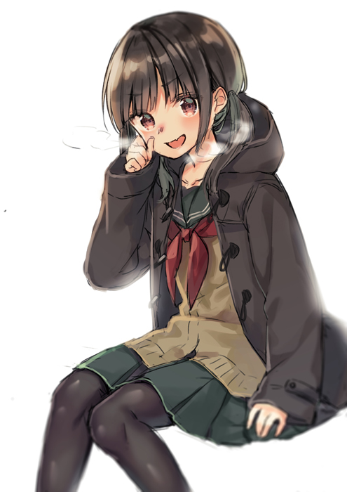 :d bangs black_hair black_legwear blush breath brown_coat brown_eyes cardigan coat commentary_request eyebrows_visible_through_hair fang green_skirt head_tilt long_hair long_sleeves looking_at_viewer low_twintails midorikawa_you neckerchief open_clothes open_coat open_mouth original pantyhose pleated_skirt red_neckwear school_uniform serafuku shirt simple_background skirt smile solo twintails white_background