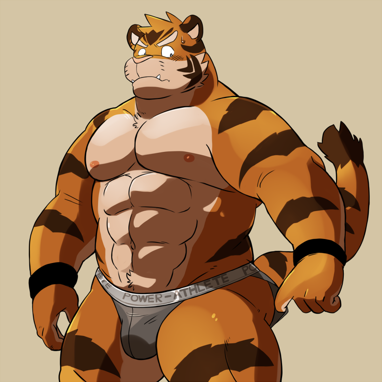 5_fingers abs anthro bracelet chest_tuft clothed clothing feline jewelry jockstrap male mammal muscular muscular_male navel nipples shiba-kenta simple_background solo standing tiger topless tuft underwear underwear_pull