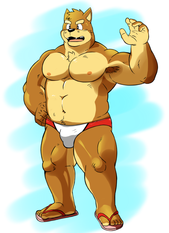 2017 5_fingers 5_toes anthro armpit_hair biceps bulge canine chest_tuft clothed clothing dog footwear hand_on_hip kenta_shiba_(character) male mammal muscular muscular_male navel nipples open_mouth pecs sandals shiba-kenta simple_background solo toes topless tuft underwear