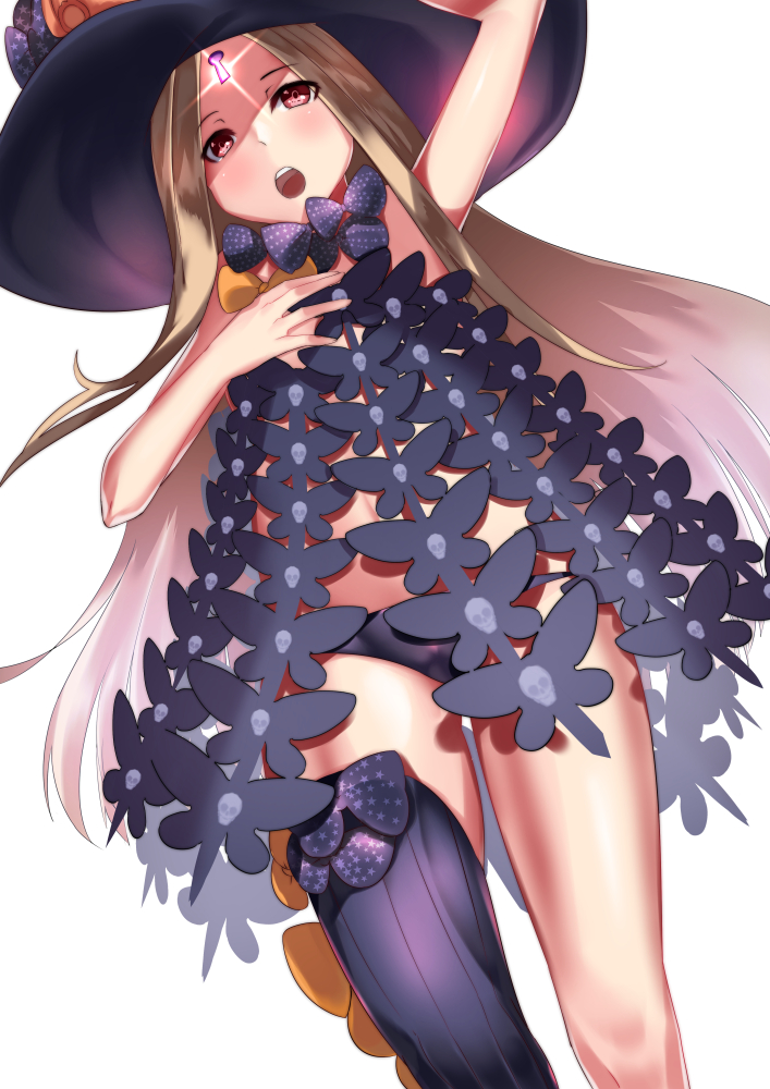 abigail_williams_(fate/grand_order) arm_up bangs black_bow black_hat black_legwear black_panties blonde_hair blush bow brown_eyes commentary_request dutch_angle eyebrows_visible_through_hair fate/grand_order fate_(series) glowing hat keyhole kurosawa_(hjkl42332) long_hair open_mouth orange_bow panties parted_bangs polka_dot polka_dot_bow revealing_clothes simple_background single_thighhigh skull_print solo thighhighs topless underwear upper_teeth very_long_hair white_background witch_hat