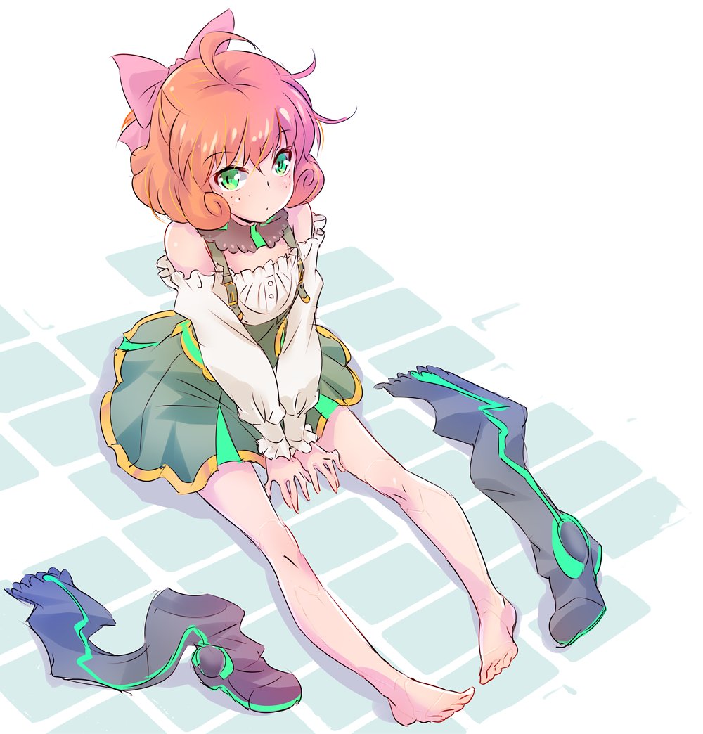 ahoge bare_legs bare_shoulders barefoot boots boots_removed bow commentary_request curly_hair dress freckles frilled_shirt frills green_eyes hair_bow iesupa legs looking_at_viewer messy_hair neon_trim orange_hair penny_polendina pleated_dress rwby shirt sitting solo thigh_boots thighhighs