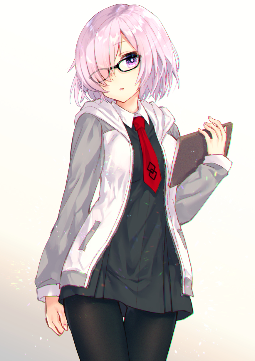 arm_at_side bad_id bad_pixiv_id black-framed_eyewear black_dress black_legwear blush book cowboy_shot dress fate/grand_order fate_(series) glasses gradient gradient_background grey_background grey_jacket hair_over_one_eye head_tilt highres holding holding_book jacket long_sleeves looking_at_viewer mash_kyrielight necktie nunucco open_clothes open_jacket pantyhose parted_lips pink_hair purple_eyes red_neckwear shiny shiny_hair short_hair smile solo standing thigh_gap track_jacket