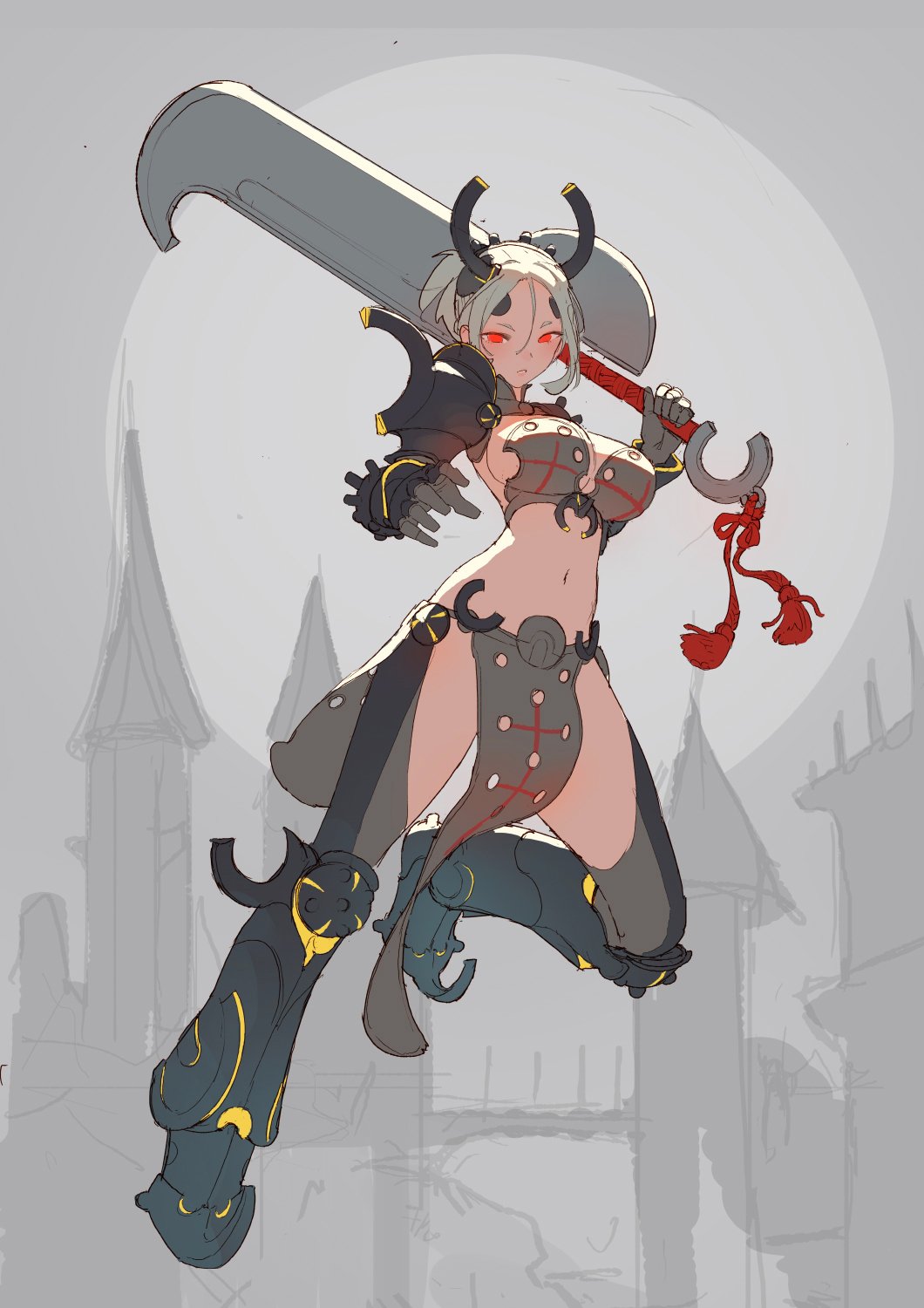 :o armor bangs bikini_armor boots breasts commentary gauntlets grey_background grey_legwear highres holding holding_sword holding_weapon horns large_breasts looking_at_viewer navel original over_shoulder pauldrons pelvic_curtain ponytail red_eyes short_hair silver_hair solo sword thigh_boots thighhighs tim_loechner unfinished weapon weapon_over_shoulder work_in_progress