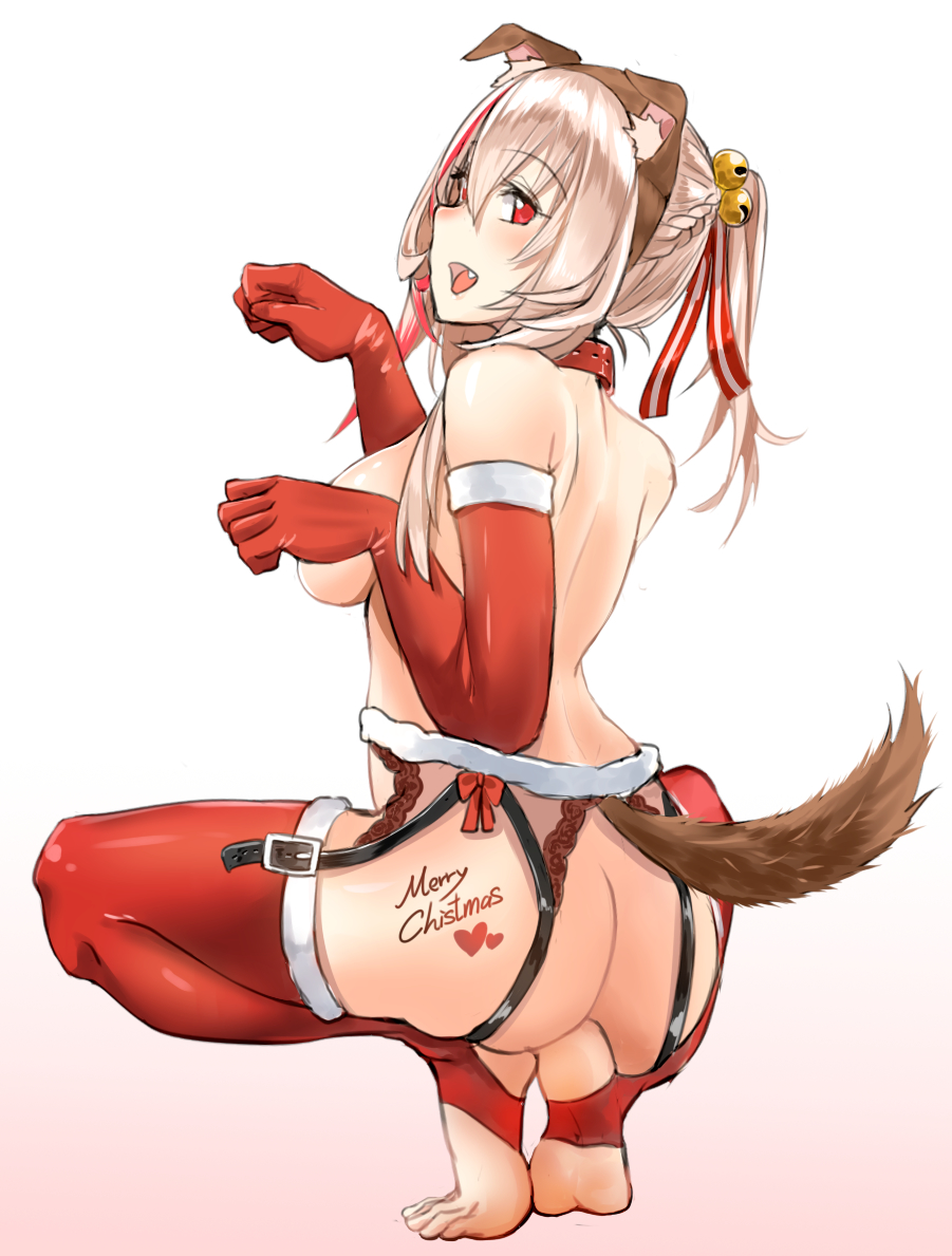 alternate_hairstyle animal_ears ass bishi_(bishi) blush braid christmas collar commentary dog_ears dog_tail elbow_gloves fan garter_belt girls_frontline gloves lingerie long_hair looking_at_viewer looking_back m4_sopmod_ii_(girls_frontline) paw_pose pink_hair ponytail red_eyes smile solo squatting tail thighhighs underwear