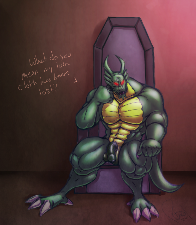 abs angry anthro balls biceps big_muscles chair claws demon dragon english_text flaccid glowing glowing_eyes jackie_chan_adventures looking_at_viewer male muscular nude omegaro pecs penis red_eyes scalie shendu sitting solo text throne
