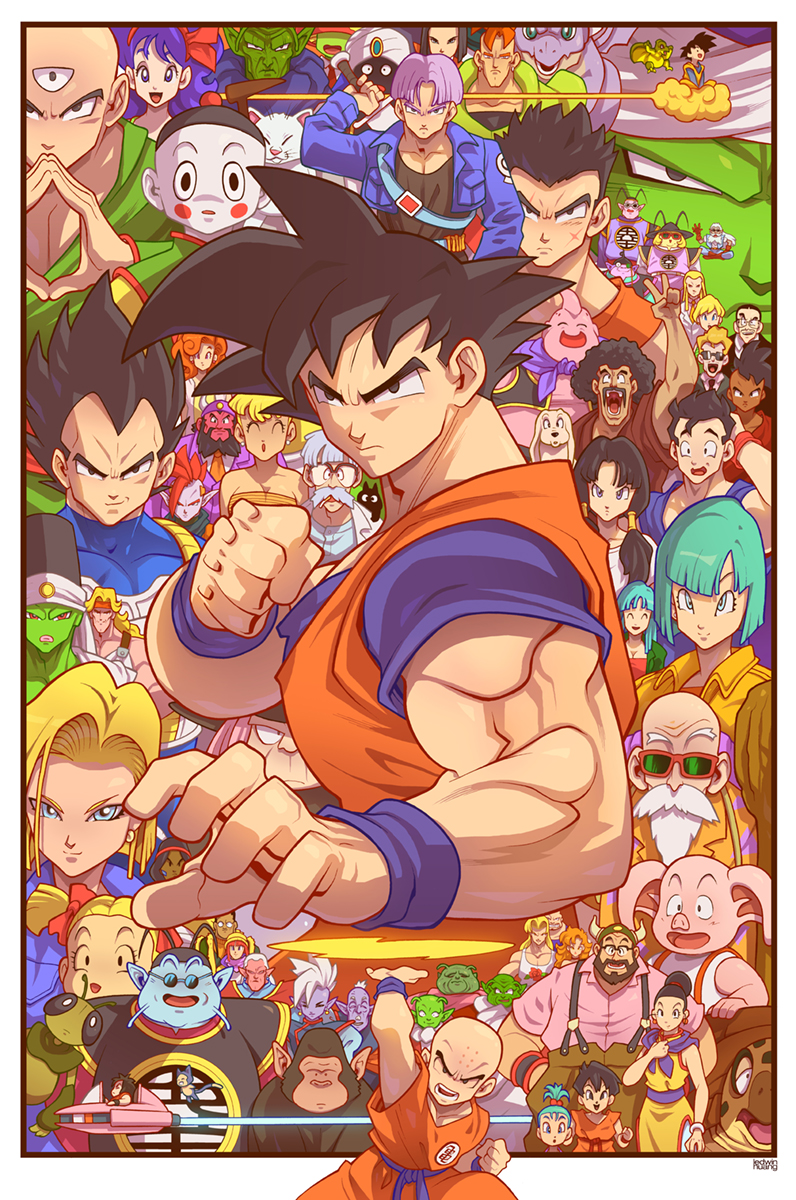 6+boys 6+girls :d android_16 android_17 android_18 bald bangs beard black_border black_hair black_hat blonde_hair blue_eyes blue_hair blunt_bangs blush_stickers border bra_(dragon_ball) bubbles_(dragon_ball) bulma chaozu chi-chi_(dragon_ball) closed_mouth commentary dende dragon_ball dragonball_z dual_persona edwin_huang english_commentary everyone facial_hair fighting_stance green_skin gregory_(dragon_ball) gyuu_mao hair_bobbles hair_bun hair_ornament hair_ribbon happy hat highres horns kami-sama karin_(dragon_ball) kienzan kuririn long_hair looking_at_viewer lunch_(dragon_ball) majin_buu mister_popo mr._satan multiple_boys multiple_girls muscle muten_roushi north_kaiou old_man oolong open_mouth pan_(dragon_ball) parted_bangs piccolo pink_skin ponytail puar purple_hair ribbon saiyan serious short_hair smile son_gohan son_gokuu spiked_hair sunglasses tenshinhan third_eye tied_hair trunks_(dragon_ball) turtle twintails umigame_(dragon_ball) vegeta videl wristband yajirobe