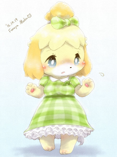 2016 animal_crossing blonde_hair blue_background blush bow breasts clothing dated dress fallinnight female green_bow green_dress grey_sclera hair isabelle_(animal_crossing) kemono nintendo open_mouth short_hair signature simple_background small_breasts solo standing text video_games white_eyes