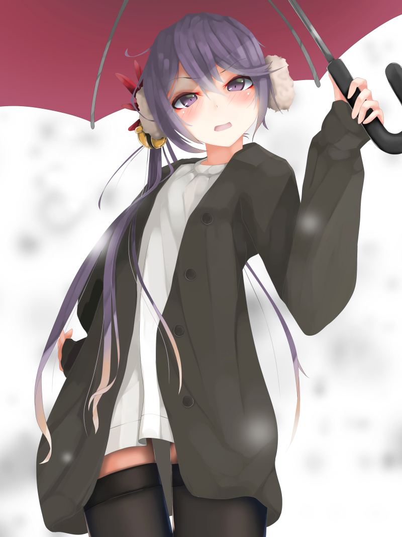 ahoge akebono_(kantai_collection) bangs bell black_coat black_legwear blush buttons coat commentary dress eyebrows_visible_through_hair flower from_below hair_bell hair_between_eyes hair_flower hair_ornament half-closed_eyes hand_on_hip holding holding_umbrella jingle_bell kantai_collection long_hair looking_at_viewer momin one_side_up open_clothes open_coat open_mouth purple_eyes purple_hair shitty_admiral_(phrase) short_dress side_ponytail simple_background skirt snow snowing solo thighhighs thighs tsurime umbrella unbuttoned very_long_hair white_dress zettai_ryouiki